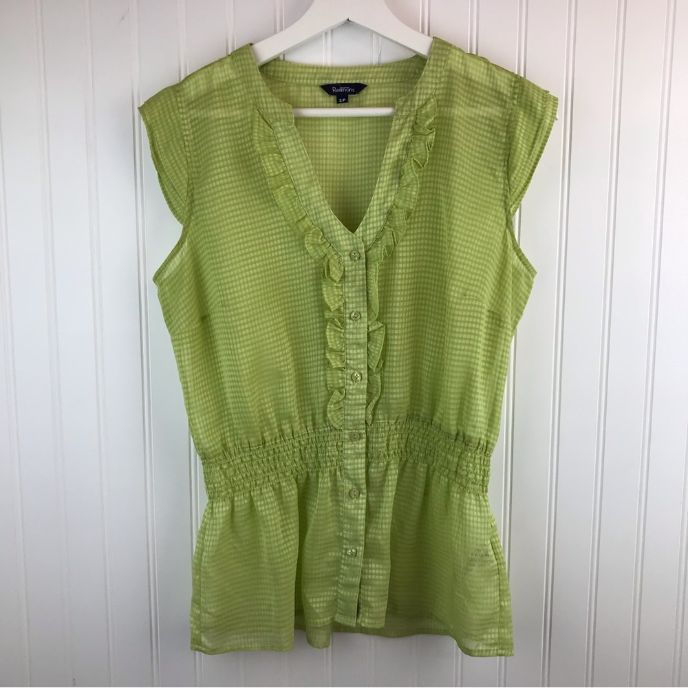 Lime Green Lightweight Summer Blouse, Reitmans Small, Flounces Cap Sleeve Y2K
